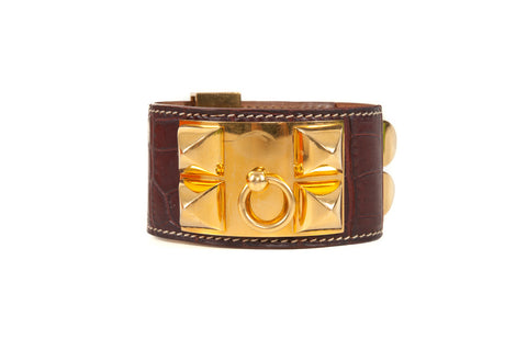Hermes Brown Alligator Gold Cuff