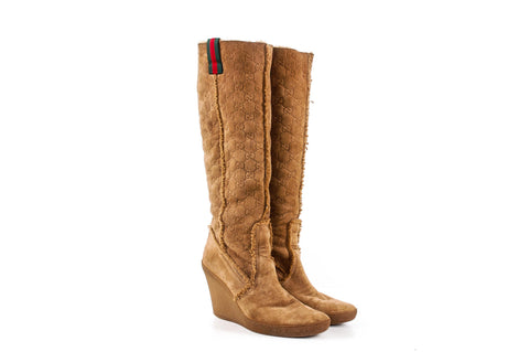 Gucci Camel Knee High Boots with "GG" Pattern