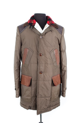 Watanabe Green Nylon Coat with Plaid Collar